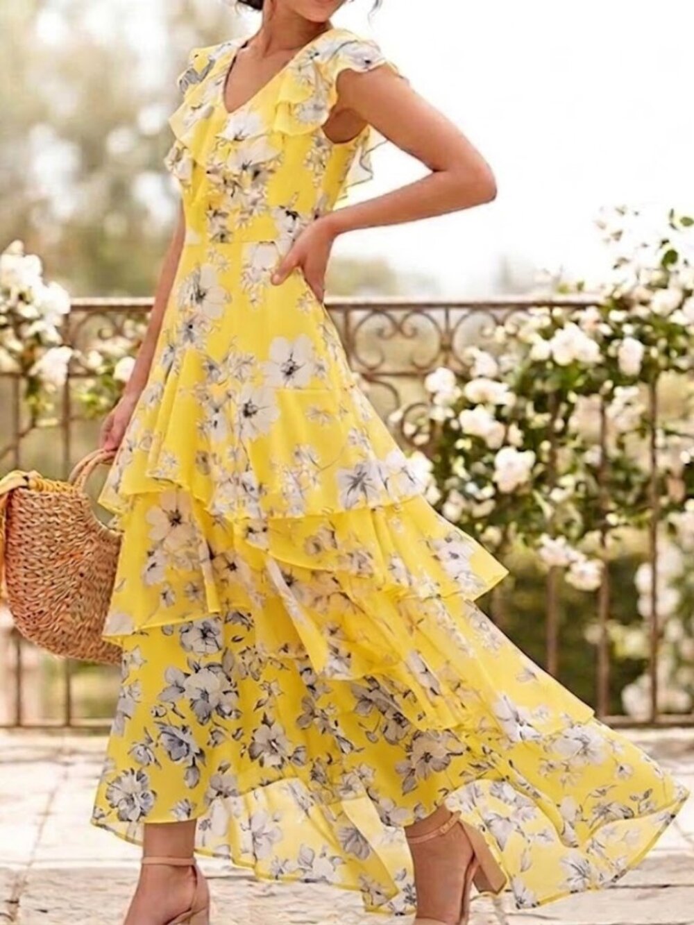 Shelby & Palmer Yellow Floral Tiered Maxi Dress Size 10 High-Low Ankle Length